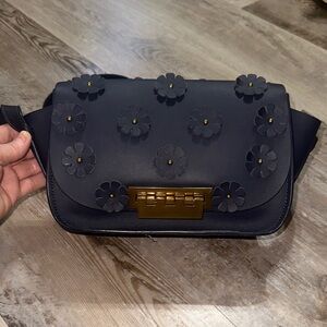 ZAC POSEN Navy blue  Floral Appliqué Leather Crossbody Bag